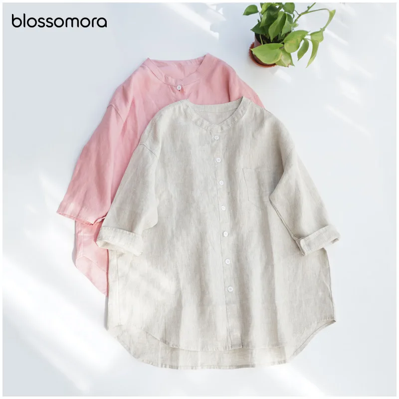 

Blossomora Pink Blue Linen Simple Shirt Casual Loose Stand Collar Short Sleeve Cardigan Shirts New Summer Blouses for Women 2022