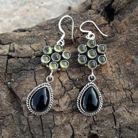 vintage flower shape metal inlaid green stone earrings hanging water drop black stone hook drop earrings for women