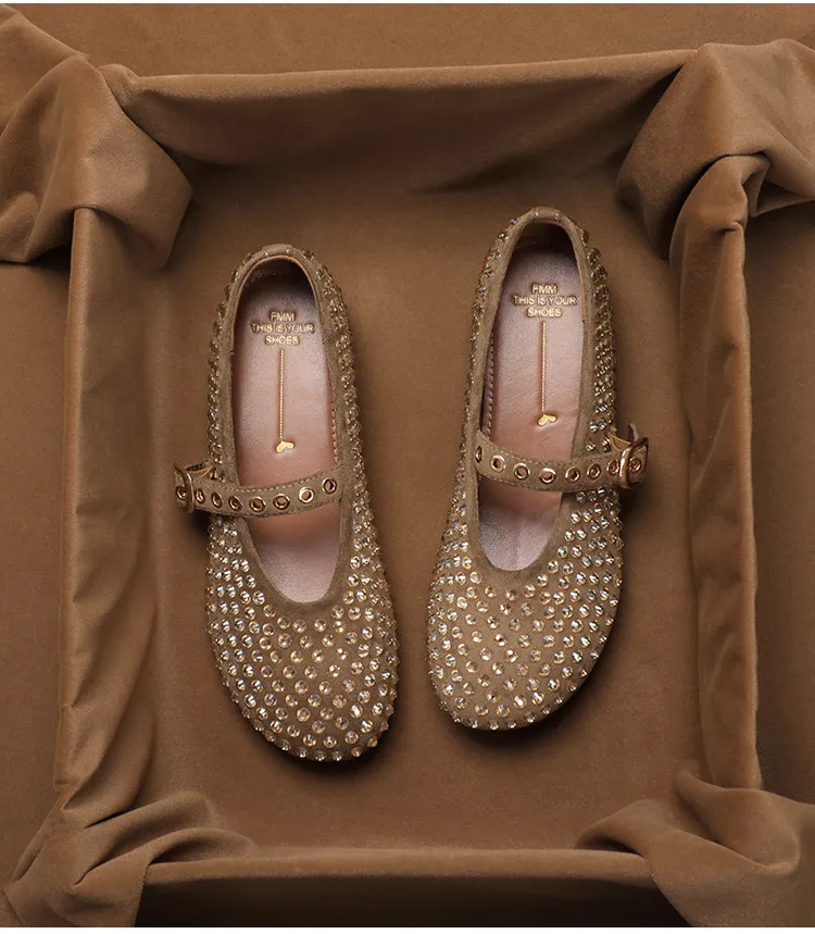Фото Винтажные туфли SHOEBOX Mary Jane со стразами для женской летней коллекции, на плоской подошве, в стиле ретро, французские, с мягкой подошвой, одинарные. №1
