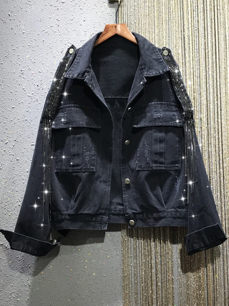 

Женская джинсовая куртка с длинным рукавом, свободная короткая куртка с длинными рукавами и бахромой, модная уличная однобортная верхняя одежда