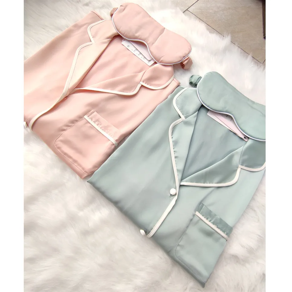 Lace Women Pajamas Set Solid Silk Like Korean Style Ladies Pyjama 2 Pcs With Pant Summer Spring Satin Pijama Suit For Female