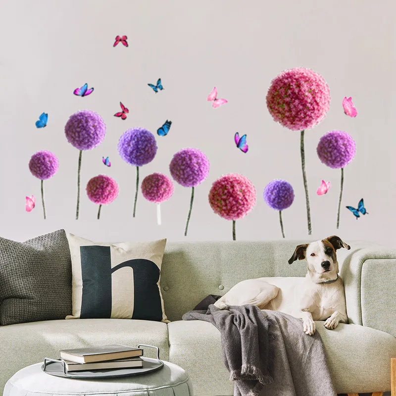 Pink Dandelion Decal Home Wall Decor Self  Adhesive Vinyl Flower Wallpaper Living Room Bedroom Decoration Cute Butterfly Sticker