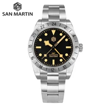 San Martin 39mm BB GMT Vintage Luxury Men Watch Stainless Steel Bezel Automatic Mechanical Top Hat Sapphire 10 ATM Green Lume