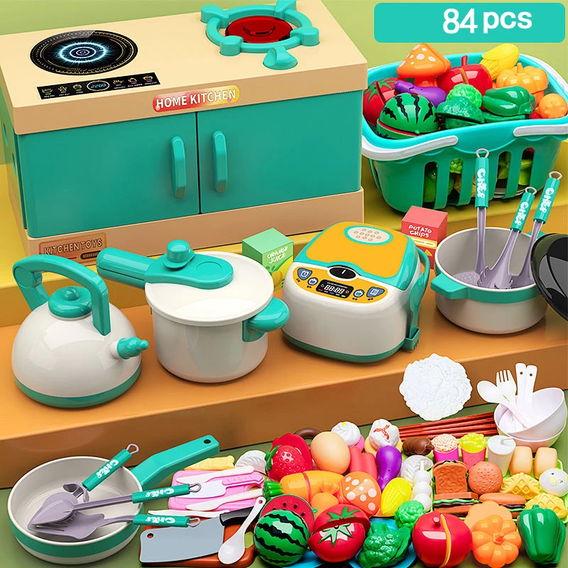 

New Kids Simulation Kitchen Toy Accessories Toddler Pretend Play Kitchen Toy with Cookware Steam Pot, Toy Cutlery, Cut Play Food