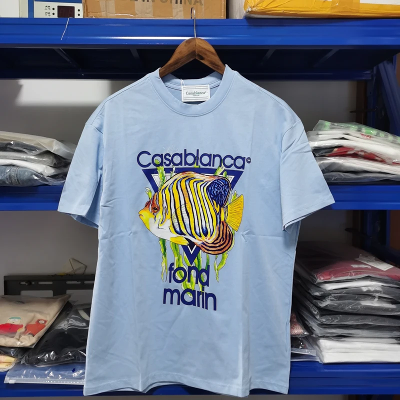 

Real Video CASABLANCA T-shirts Summer Ocean Fish Print Short Sleeve Loose Cotton Blue Tshirts for Men Women