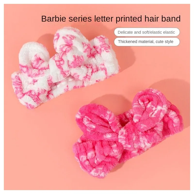 

MINISO Cartoon Barbie Series Bow Knot Plush Hair Band Kawaii Decorative Hairstyle Accessories Cute Wash Face Hairband Girl Gift