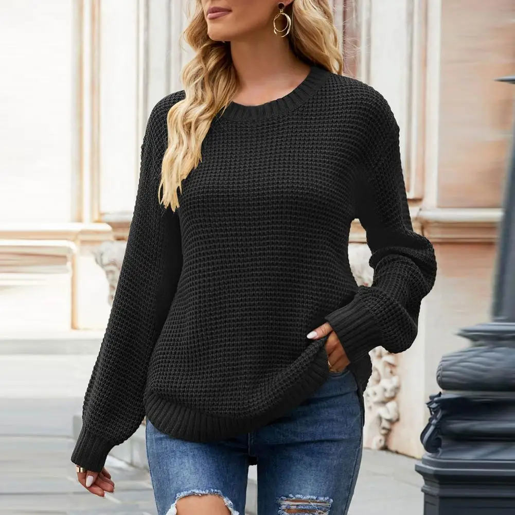 

Knitted Sweater O-Neck Long Sleeve Ribbed Trim Arc Hem Women Knitwear Autumn Winter Loose Waffle Bottoming Sweater Streetwear