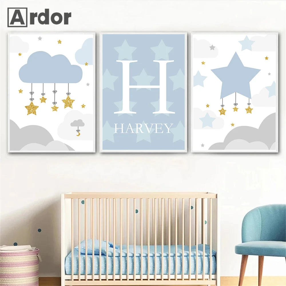 

Blue Clouds Star Custom Name Poster Nursery Wall Print Hot Air Balloon Canvas Art Painting Nordic Wall Pictures Kids Room Decor