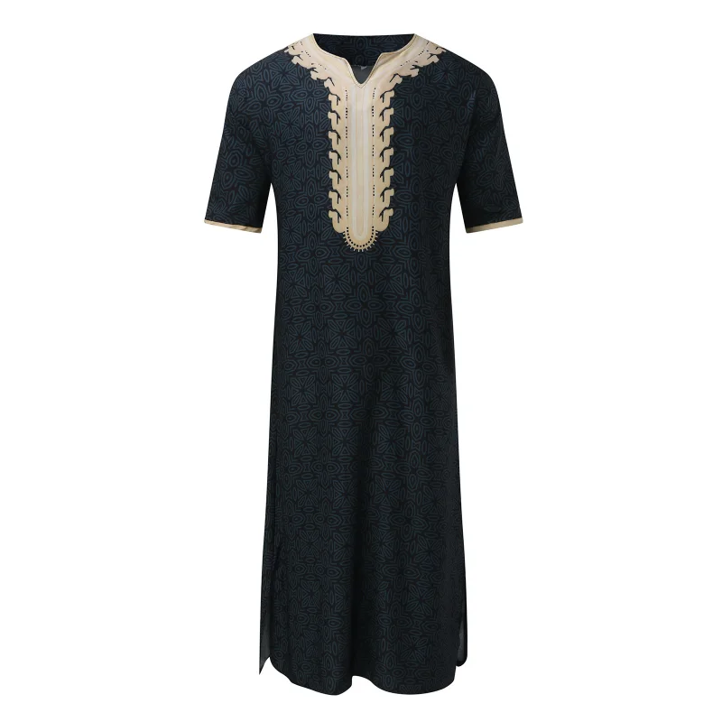 Men's V-neck Printed Muslim Robe European and American New Short Sleeved Jumpsuit Arab Ethnic Style