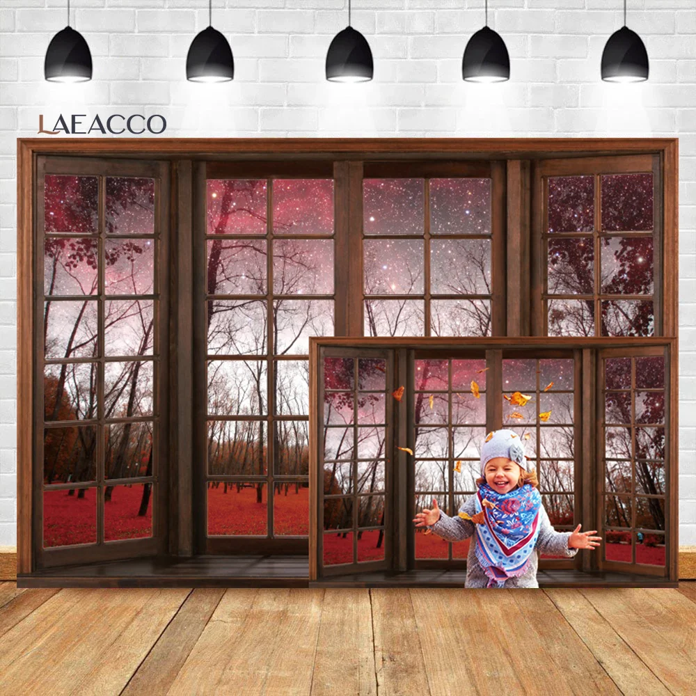 

Laeacco Autumn Maple Forest Window Scenery Photo Backdrop Night Stars Red Maple Tree Kids Aadult Portrait Photography Background