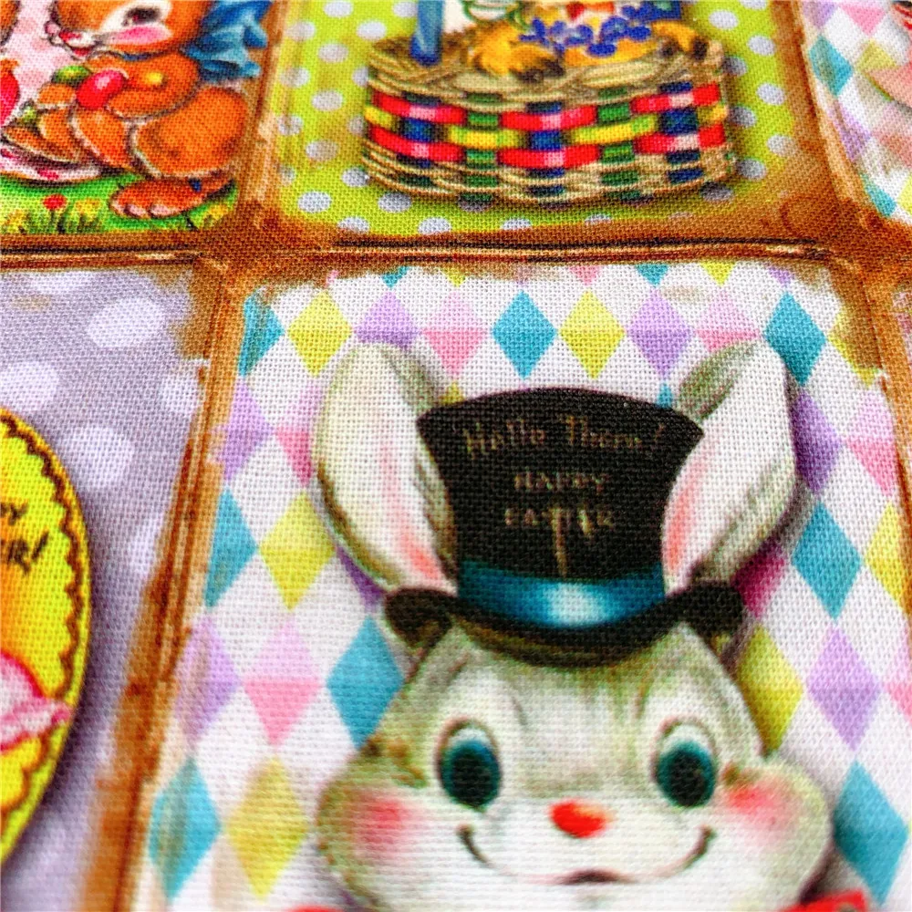 Ткань из хлопка с печатью винтажных животных Утка и Зайчик для шитья, квилтинга, пэчворка, рукоделия, самостоятельного изготовления маски и головных платков.