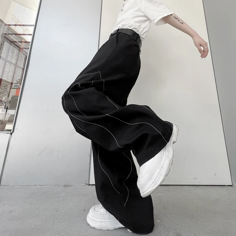 

Four Seasons Casual Wide Leg Straight Suit Pants Wave Pattern Black High Grade Full Length Trousers