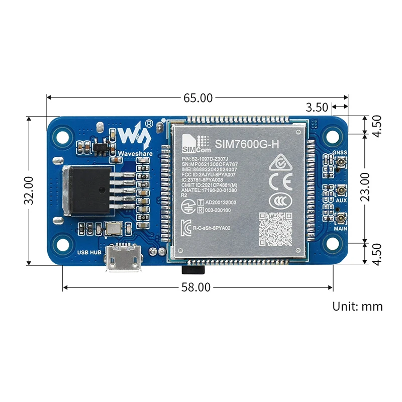 Фото SIM7600G-H 4G HAT (B) для Raspberry Pi 4 3 Zero LTE Cat-4 4G 3G 2G с поддержкой GNSS-позиционирования и глобального диапазона через Micro USB Pogo Pin №5