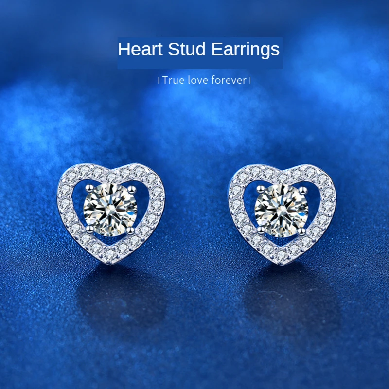 

High-end Jewelry S925 Sterling Silver Heart Earrings Women Simple Moissanite Four-claw Earrings Couple Jewelry Gift