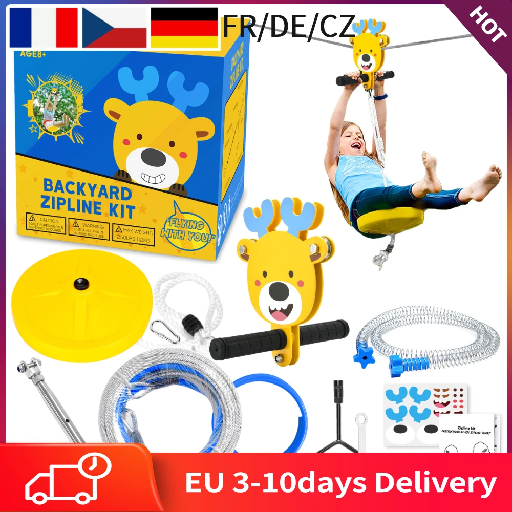 

80/100/120ft Zip Line Kit for Kids and Adult Kids Play Set With Zipline Spring Brake and Safety Harness for Backyard Playground