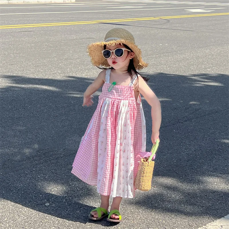 Платья для девочек новинка 2024 летняя детская одежда в корейском стиле клетчатая