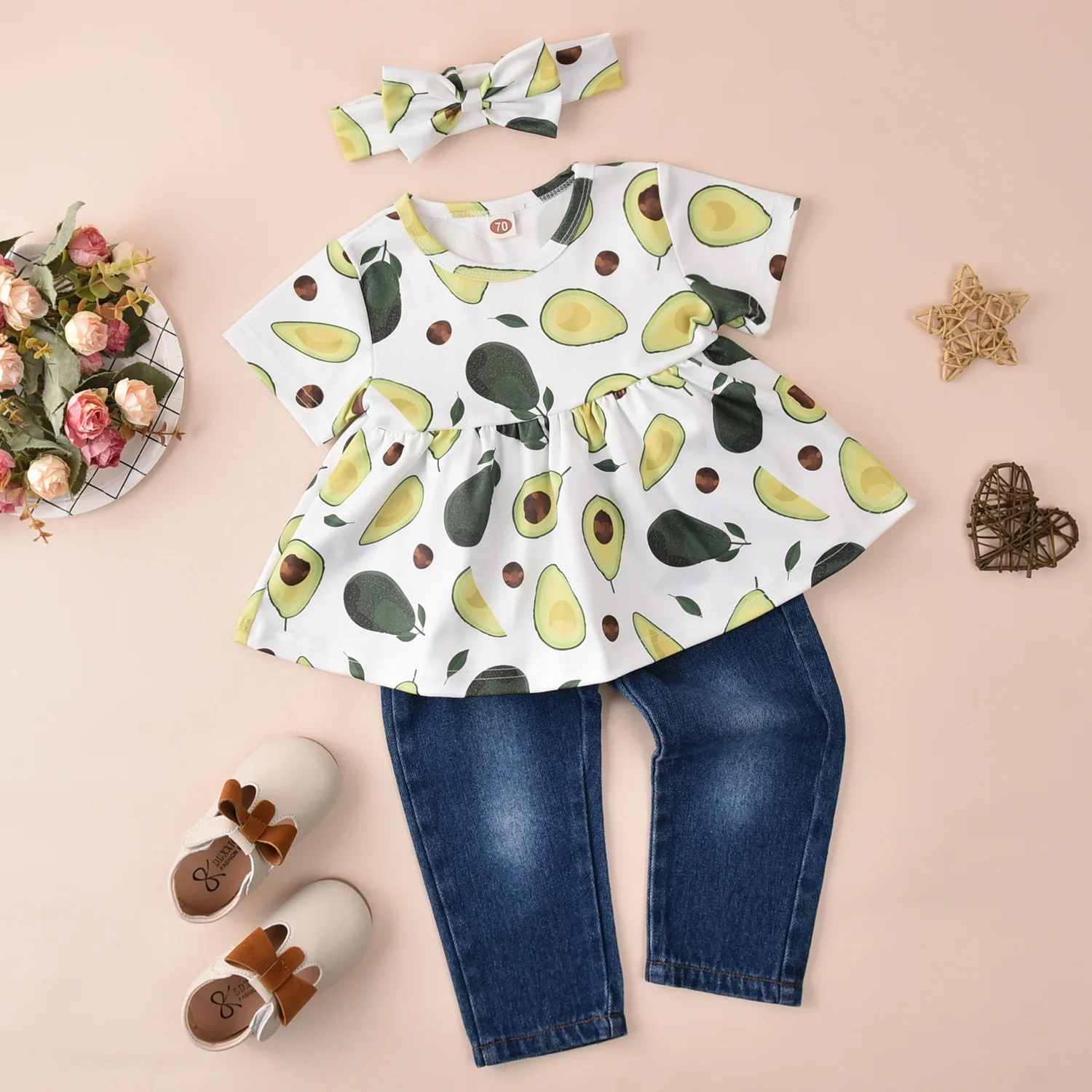 

Toddler New Baby Girls Clothes Set Avocados Printed Skirt Top Denim Trousers Summer Fashion Casual Infant Clothes Suit