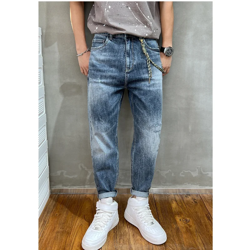 Streetwear Men 2022 New Pattern Recreational Blue Haren Pants Chaopai Small Trouser Leg Self-cultivation Jeans Autumn Female