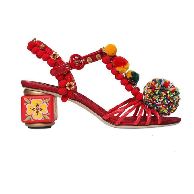 

Strange Style Reteo Slingback Sandals Fluff Bohemian High Heel Sandals Wedding Sexy Woman High Quality Rhinestone Buckle Shoes