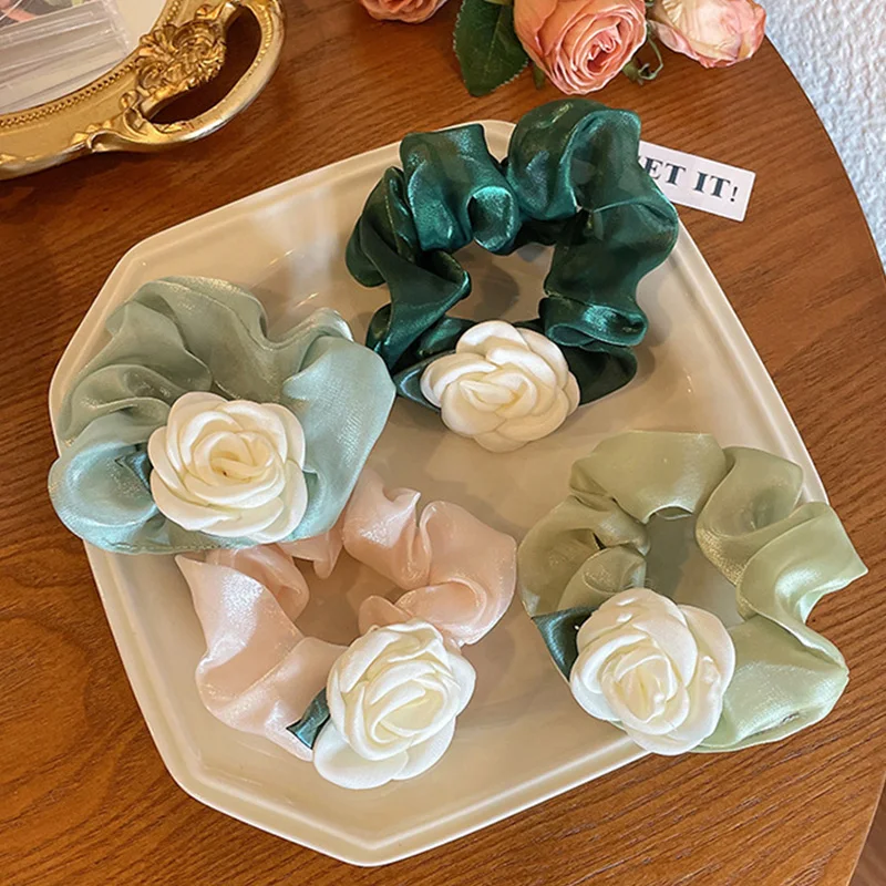 

New Satin Ribbon Rose Flower Scrunchies Organza Mesh Elastic Hair Bands White Rose Hair Rope Korean Elegant Hair Accessories