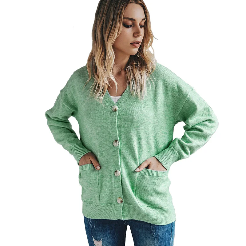 

Женский однотонный вязаный кардиган с карманами, повседневный свободный однобортный свитер с длинным рукавом и V-образным вырезом, теплая О...
