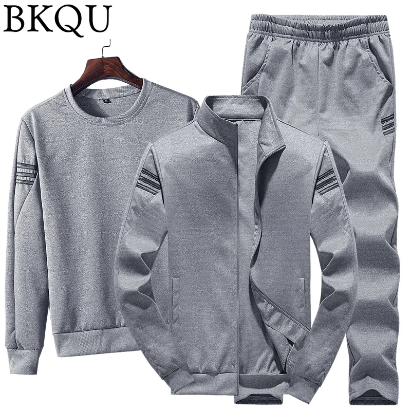 

2022 New Running Men's Tracksuit Waffle Solid Cotton Sweat Absorbing 3pcs Set with Cardigan Pullover and Sweatpants