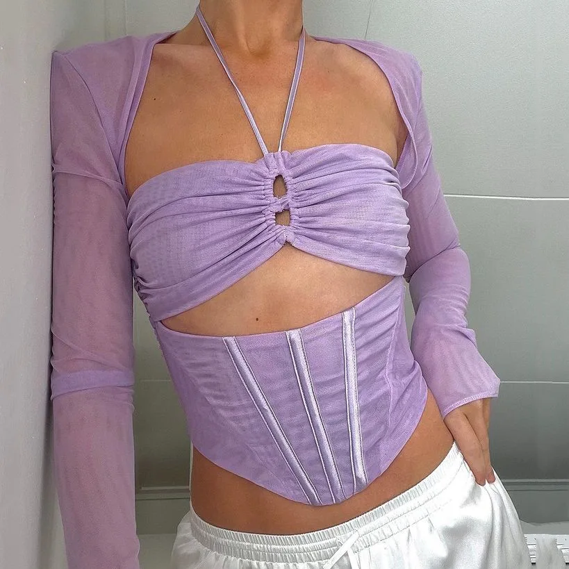 

Women Corset T-shirt 2022 Summer Shirring Ruched Halter Mesh Tops Sexy Long Sleeve Bone Patchwork Streetwear Pullover Shirts