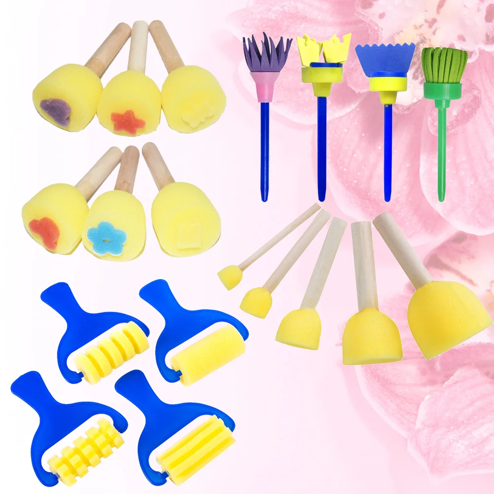 

19 PCS Kits Watercolor Painting Pen Sponge Brushes Kit Manual Acrylic Painting Brush Wooden Painting Sponge Brush Child Toys