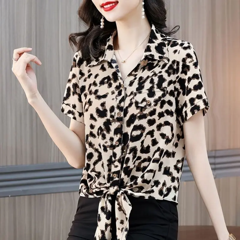 

Vintage Printed Spliced Short Sleeve Bandage Leopard Shirt Women's Clothing 2023 Summer New Casual Tops Loose Commuter Blouse