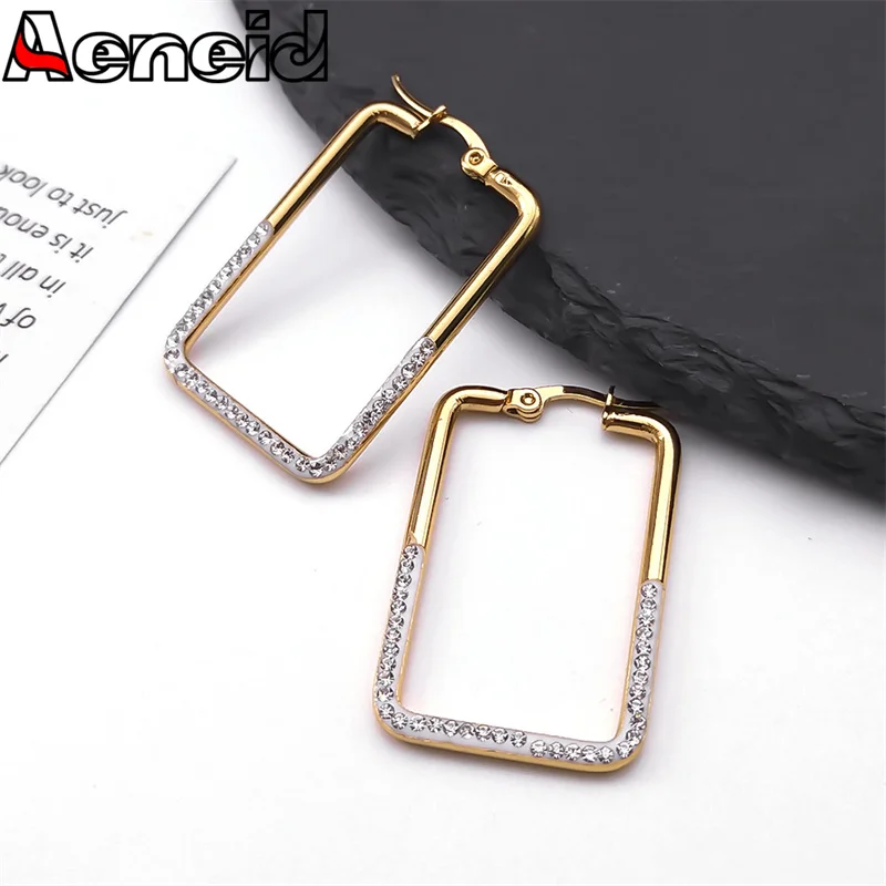 

Stainless Steel Crystal Gold Color Earrings Minimalism Geometric Exaggerated Large Rectangle Hoop Earring for Women Jewelry Gift