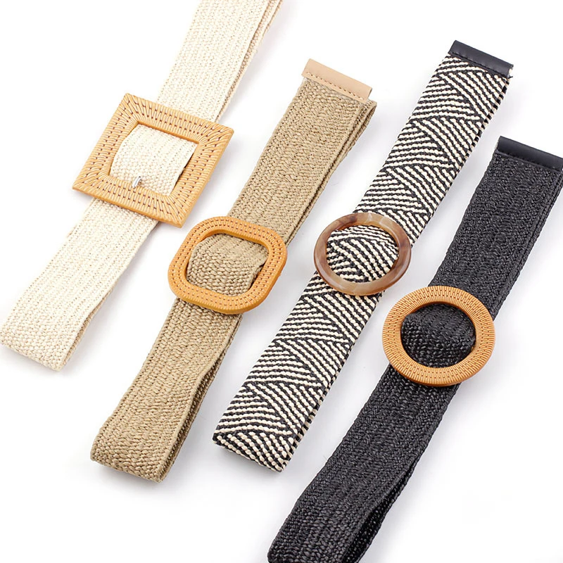 

Vintage Waist Belt Women Fashion Round Square Buckle Knitted Wax Rope Straw Waistband Corset Elastic Braided Dress Decorative