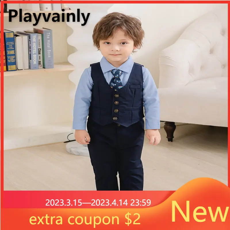 

Spring Autumn Suit Kids Clothes for Baby Boy Blue Pink Long Sleeve Shirt+Tie+Waistcoat+Long Pants Gentleman Children's Suit E319