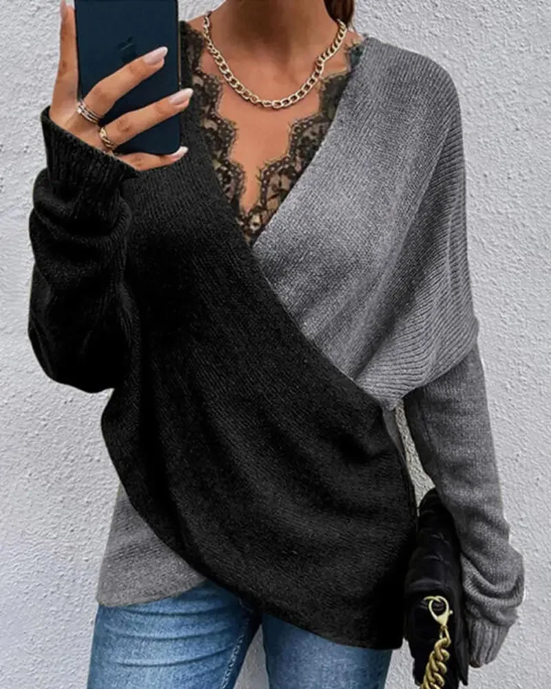 

2022 Woman Spring and Autumn Chic Elegant Colorblock Contrast Lace V-Neck Wrap Long Sleeve Work Sweater