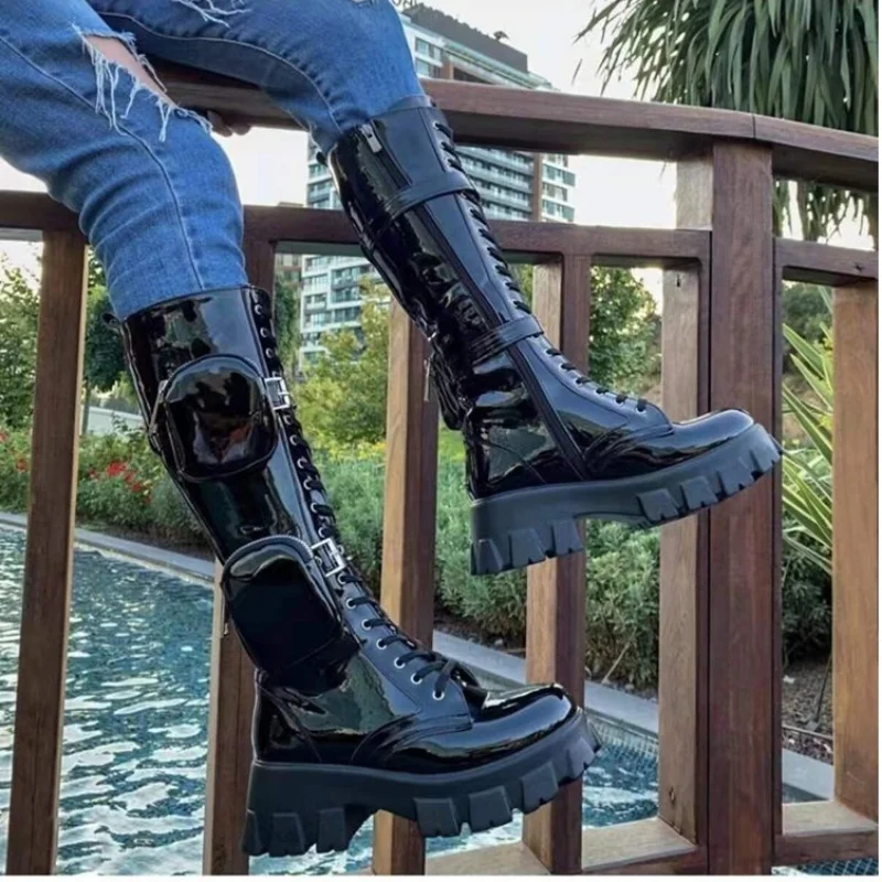 

Женские высокие мотоциклетные ботфорты, черные кожаные оксфорды на платформе, со шнуровкой, на весну, 2022