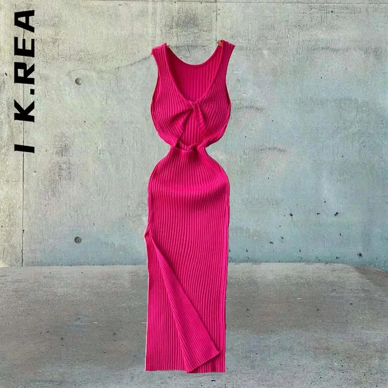 I K.Rea Женские модные платья однотонные Женственные на середину икры Клубная темпераментная роба Эластичные дешевые женские вестидосы.