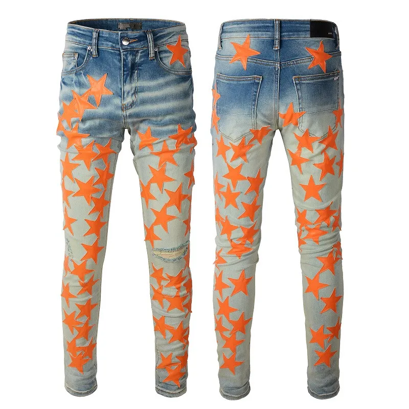 

Italy Jeans Male blue Orange star Leather Patchwork Jeans Hole Repair Streetwear Jean Homme Ripped Jean Men Motorcycle Pants