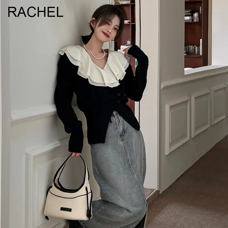 

Женский кардиган во французском стиле, облегающий свитер с V-образным вырезом и оборками на воротнике