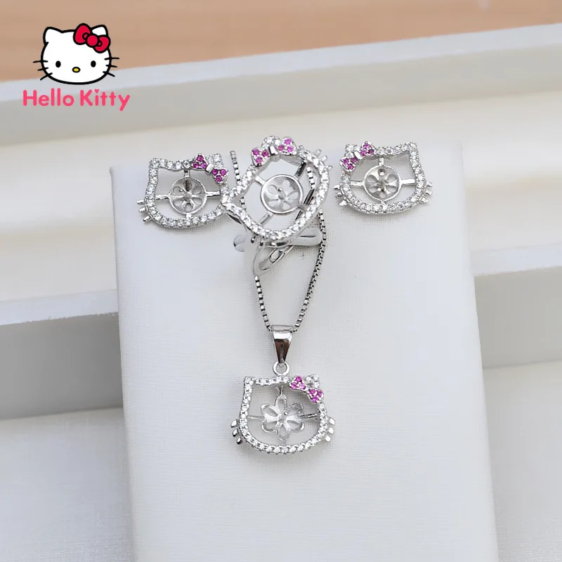 Комплект из кольца и сережек «Hello Kitty», из серебра 925 пробы с бриллиантами и жемчугом