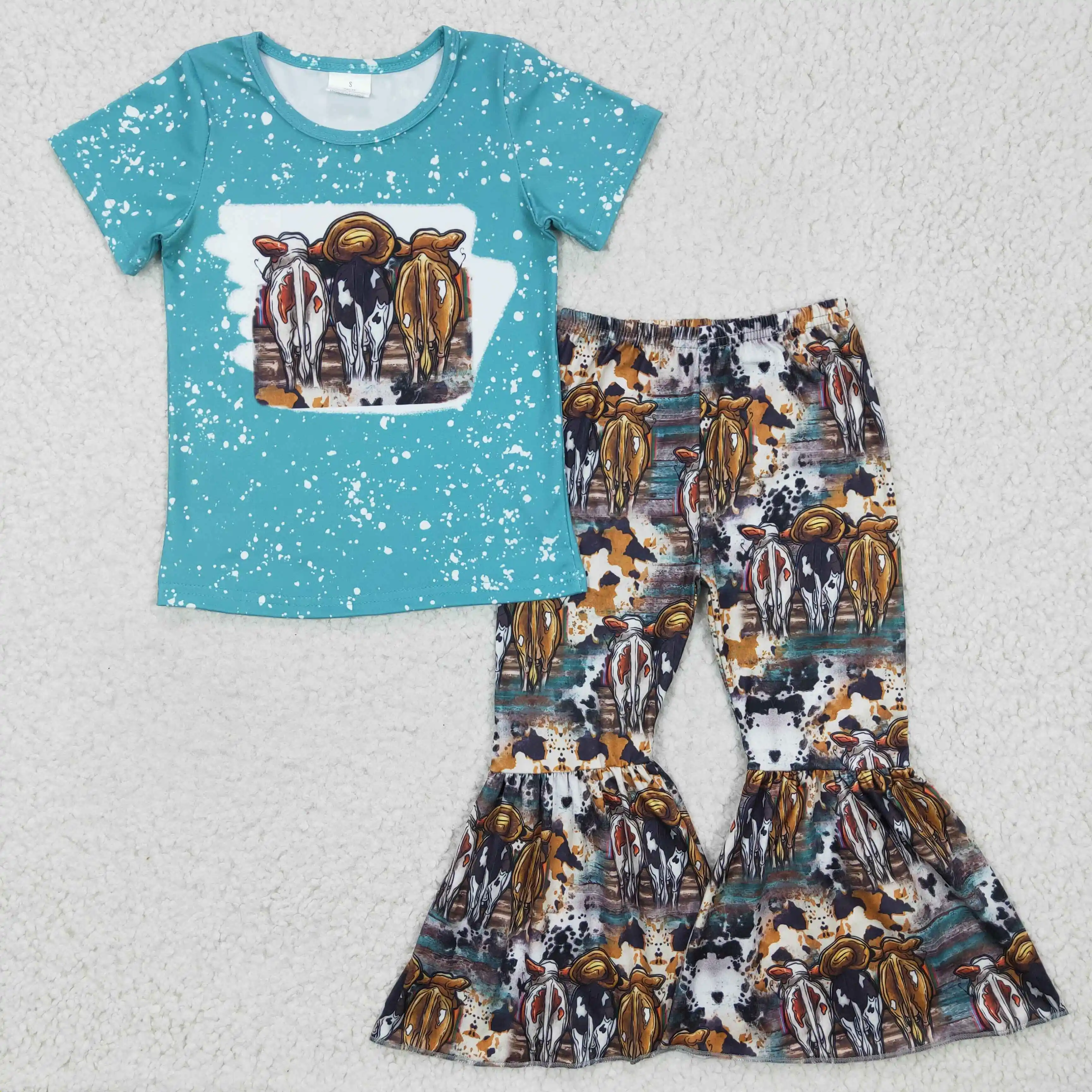 

wholesale children clothes cows pattern blue short sleeve fashion bell-bottoms 100%cotton boutique baby girl clothes