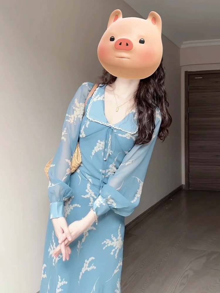 Французское синее платье с цветочным принтом и длинными рукавами детское Новое