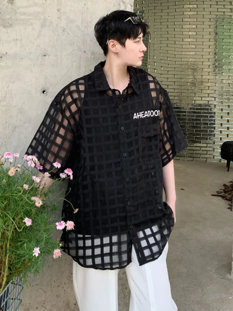 

SYUHGFA 2022 Summer Mesh Breathable Turn Down Collar Short Sleeve Shirt For Men Loose Casual Style Shirts Tops Men Clothing