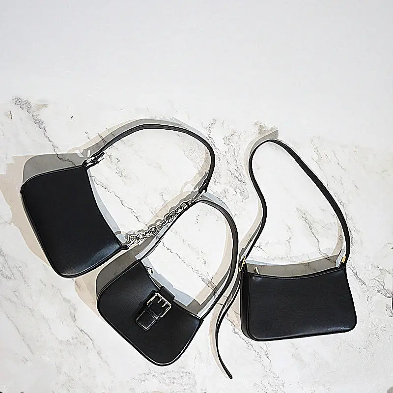 

Fashion Ladies PU Leather Small Shoulder Bags Vintage Women Underarm Armpit Handbags Simple Chain Cool Girls Black Tote Purse