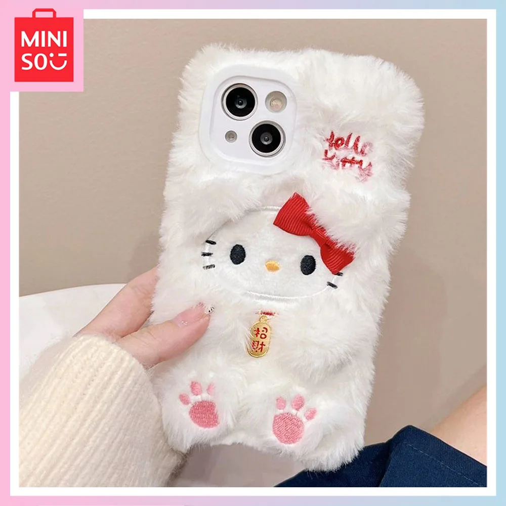 

Miniso Cute Hello Kitty iPhone15Promax Plush Phone Case New 14//13/12 Winter 11 Silica Gel Xsmax/xr Birthday Christmas Gift