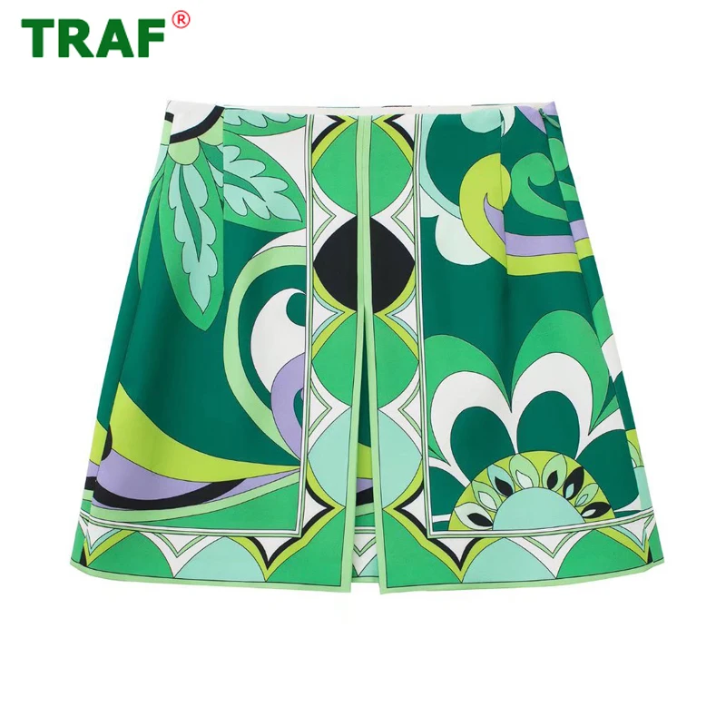 

TRAF Green Print Short Skirt Women Retro High Waist Mini Skirts Womens 2022 Summer Beach Woman Skirt Fashion Streetwear Skirt