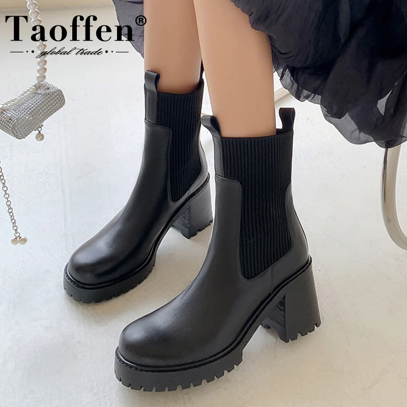 

Taoffen 2023 New Ankle Boots Leather Shoes High Heel Shoes Ins Fashion Short Boots Casual Platform Female Footwear Size 34-40