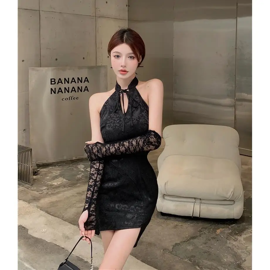 

2023 modern chinese dress women's french style vintage black sexy qipao early autumn new lace sexy wrap hip cheongsam dress