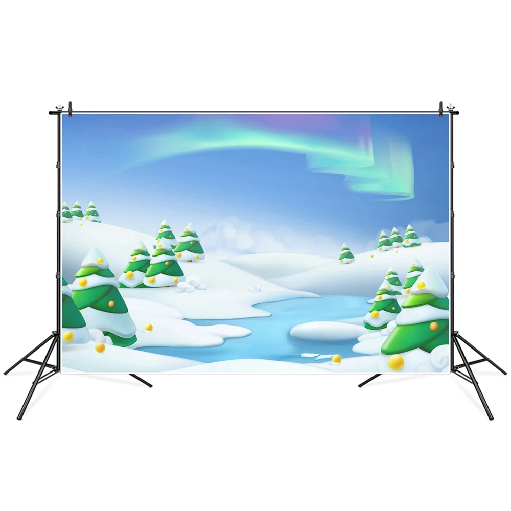 

Christmas Snow Forest Lake Aurora Photography Backdrops Custom Party Home Decoration Studio Photo Booth Photographic Backgrounds