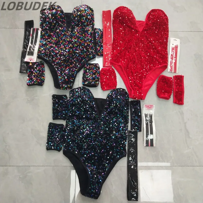 

Sexy Bar Nightclub Women Singer Gogo Costume Colorful Sequins Leotard V-neck Low Chest Half Hip Bodysuit Team Dancer Stage Wear