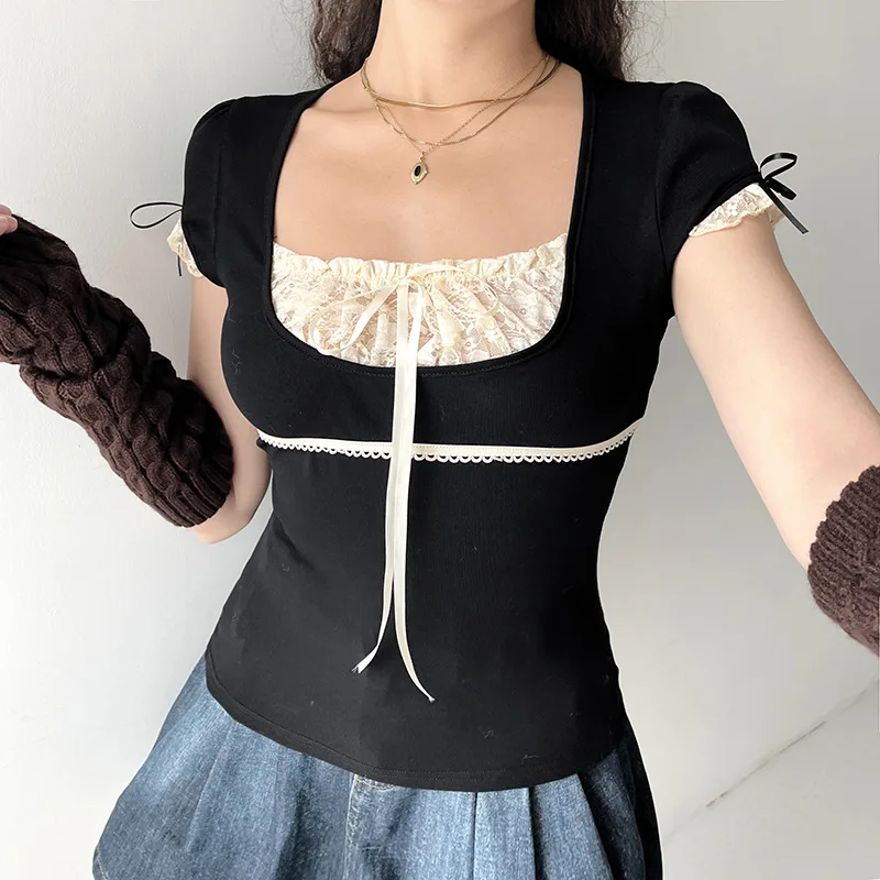 

Y2k T Shirts 2000s Fake Two Pieces Tops Women Summer Clothing Lace Patchwork Low Chest Tshirt Black Tee For Ladies Streetwear