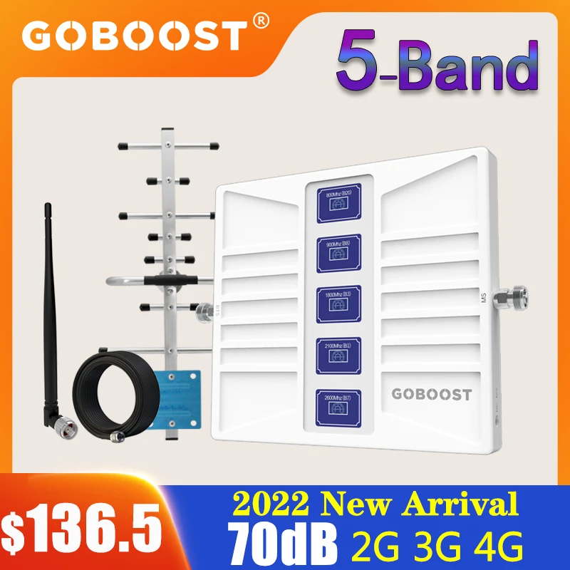 

GOBOOST 5 Band Signal Booster 2G 3G 4G 800 900 1800 2100 2600 700 850 1900 LTE GSM Cellular Amplifier Cellphone Reapeater